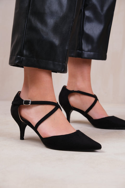 KENNEDI LOW KITTEN HEEL WITH CROSSOVER STRAP IN BLACK SUEDE