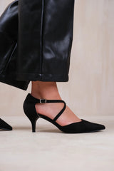 KENNEDI WIDE FIT LOW KITTEN HEEL WITH CROSSOVER STRAP IN BLACK SUEDE