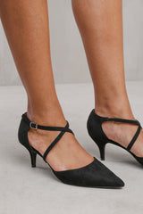 SEANEY LOW KITTEN HEEL WITH CROSSOVER STRAP IN BLACK SUEDE