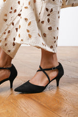Brielle Crossover Front Strap Stiletto Court Heel In Black Faux Suede