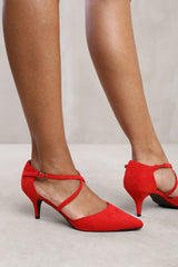 KENNEDI LOW KITTEN HEEL WITH CROSSOVER STRAP IN ROUGE RED SUEDE