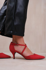 KENNEDI LOW KITTEN HEEL WITH CROSSOVER STRAP IN ROUGE RED SUEDE