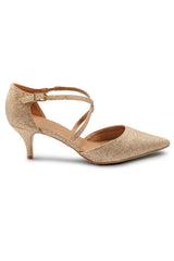 KENNEDI WIDE FIT LOW KITTEN HEEL WITH CROSSOVER STRAP IN GOLD GLITTER