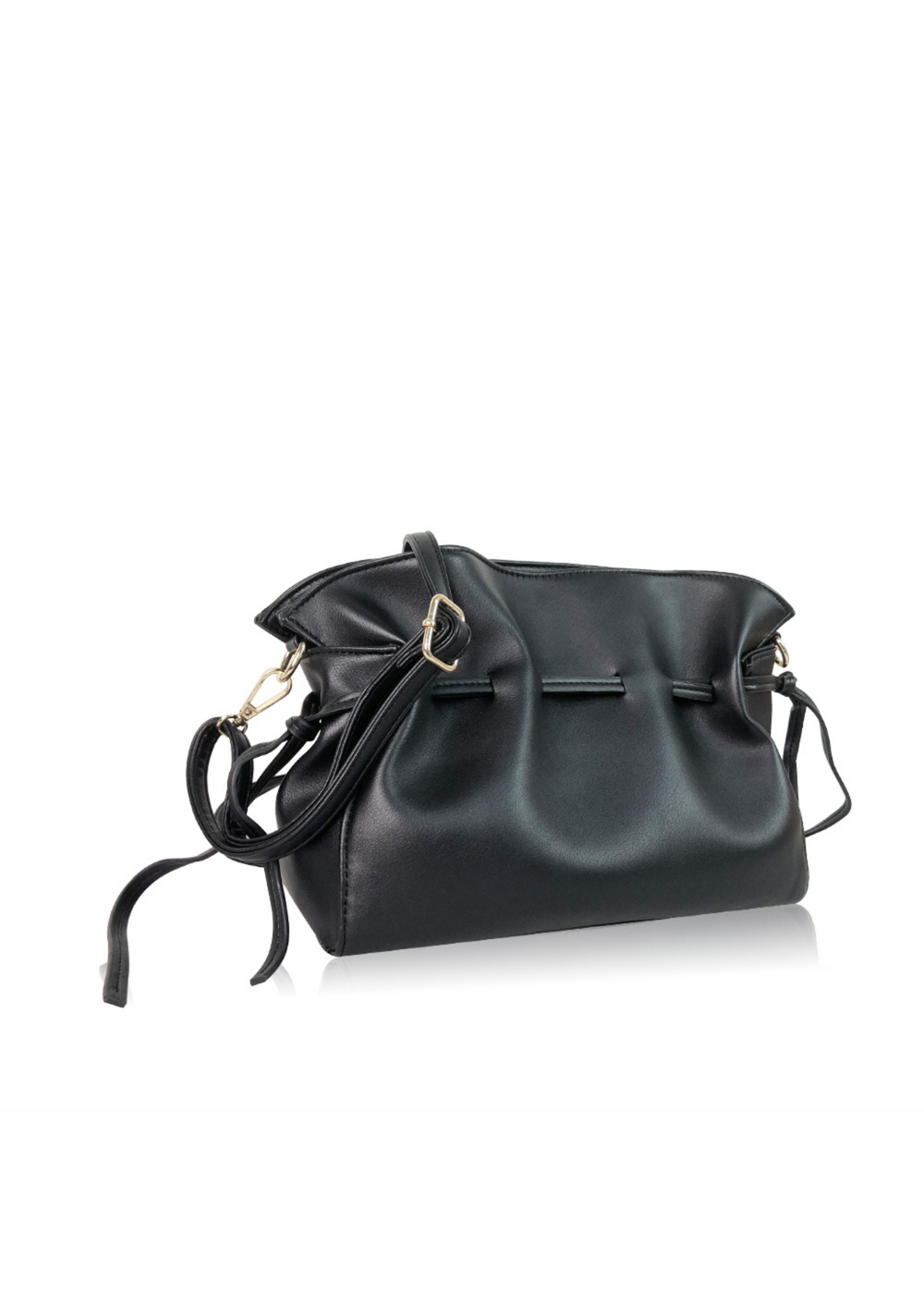 SURF SHOULDER BAG WITH DRAWSTRING DETAIL IN BLACK FAUX LEATHER