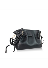 SURF SHOULDER BAG WITH DRAWSTRING DETAIL IN BLACK FAUX LEATHER