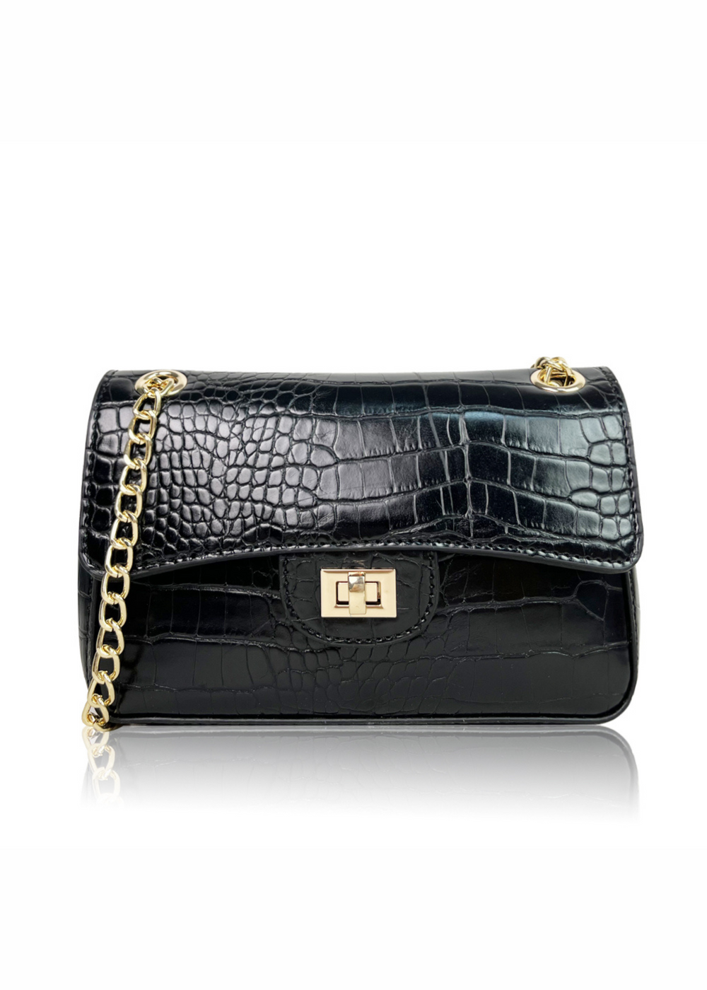 CALYPSO SHOULDER BAG WITH CHAIN AND BUCKLE DETAIL IN BLACK CROCO