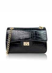 CALYPSO SHOULDER BAG WITH CHAIN AND BUCKLE DETAIL IN BLACK CROCO