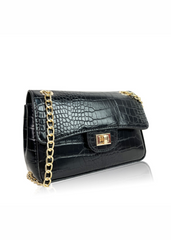 CALYPSO SHOULDER BAG WITH CHAIN AND BUCKLE DETAIL IN BLACK CROCO