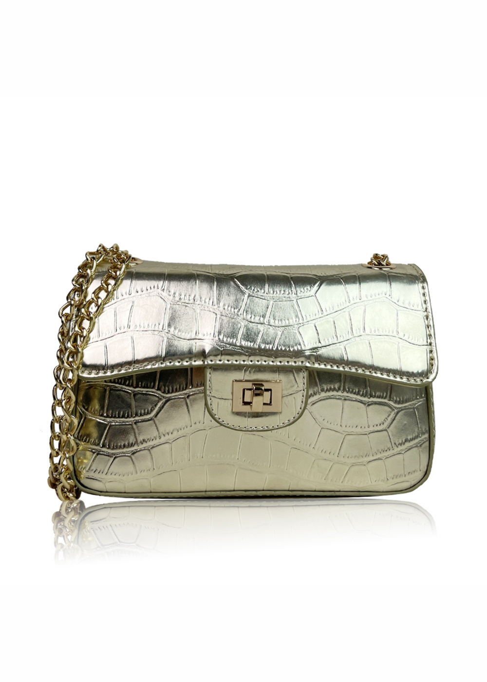 CALYPSO SHOULDER BAG WITH CHAIN AND BUCKLE DETAIL IN GOLD CROCO