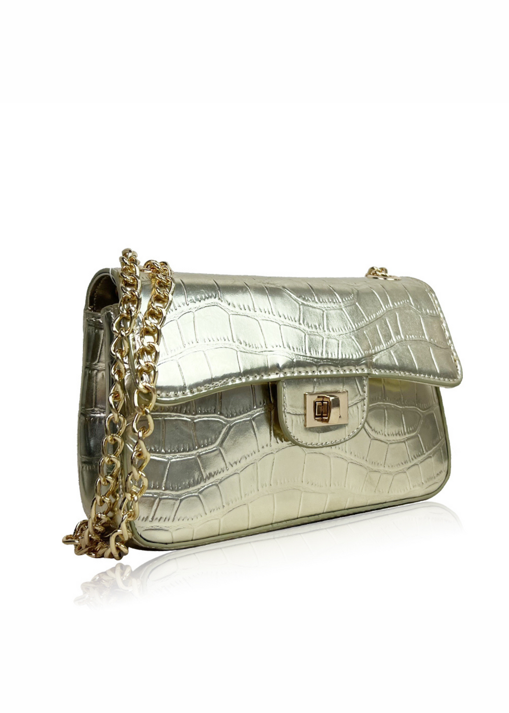 CALYPSO SHOULDER BAG WITH CHAIN AND BUCKLE DETAIL IN GOLD CROCO