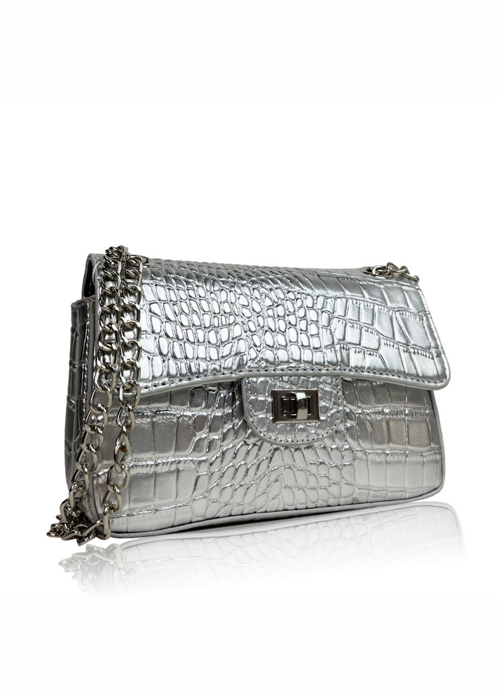 CALYPSO SHOULDER BAG WITH CHAIN AND BUCKLE DETAIL IN SILVER CROCO