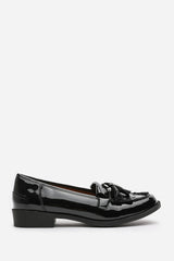 Kassidy Wide Fit School Shoes Tassel Slip On Penny Loafers In Black Patent