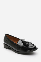 Kassidy Wide Fit School Shoes Tassel Slip On Penny Loafers In Black Patent