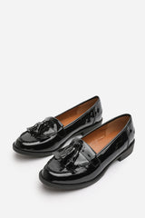 Kassidy Wide Fit School Shoes Tassel Slip On Penny Loafers In Black Patent