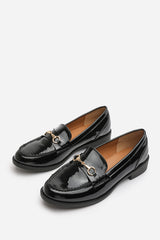 Maison Wide Fit School Shoes Buckle Slip On Loafers In Black Patent