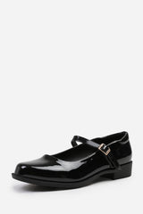 SHAISHA LOW HEEL LOAFER WITH STRAP AND BUCKLE DETAIL IN BLACK PATENT