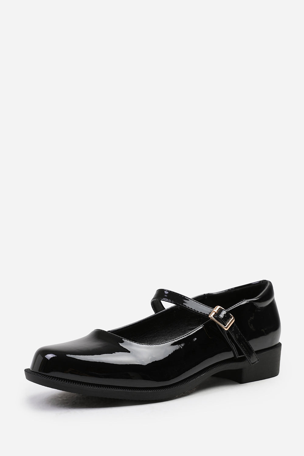 SHAISHA EXTRA WIDE FIT LOW HEEL LOAFER WITH STRAP AND BUCKLE DETAIL IN BLACK PATENT