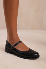 KINGSTON  LOW HEEL LOAFER WITH STRAP AND BUCKLE DETAIL IN BLACK FAUX LEATHER