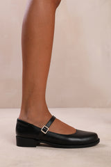 KINGSTON WIDE FIT LOW HEEL LOAFER WITH STRAP AND BUCKLE DETAIL IN BLACK FAUX LEATHER