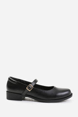 KINGSTON WIDE FIT LOW HEEL LOAFER WITH STRAP AND BUCKLE DETAIL IN BLACK FAUX LEATHER