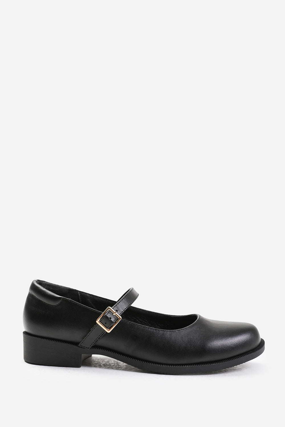 SHAISHA EXTRA WIDE FIT LOW HEEL LOAFER WITH STRAP AND BUCKLE DETAIL IN BLACK FAUX LEATHER