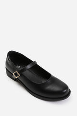 SHAISHA WIDE FIT LOW HEEL LOAFER WITH STRAP AND BUCKLE DETAIL IN BLACK FAUX LEATHER