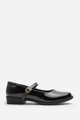 Naomi Wide Fit School Shoes Mary Jane Front Strap Loafers In Black Patent