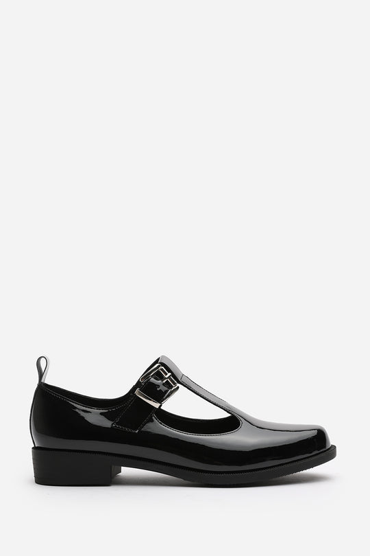 Natalie Mary Jane Loafers With Buckle Strap In Black Patent Finish