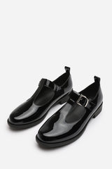 Natalie Wide Fit Mary Jane Loafers With Buckle Strap In Black Patent Finish