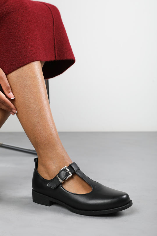Keely Girl's School T-Bar Buckle Mary Jane Shoes In Black Faux Leather