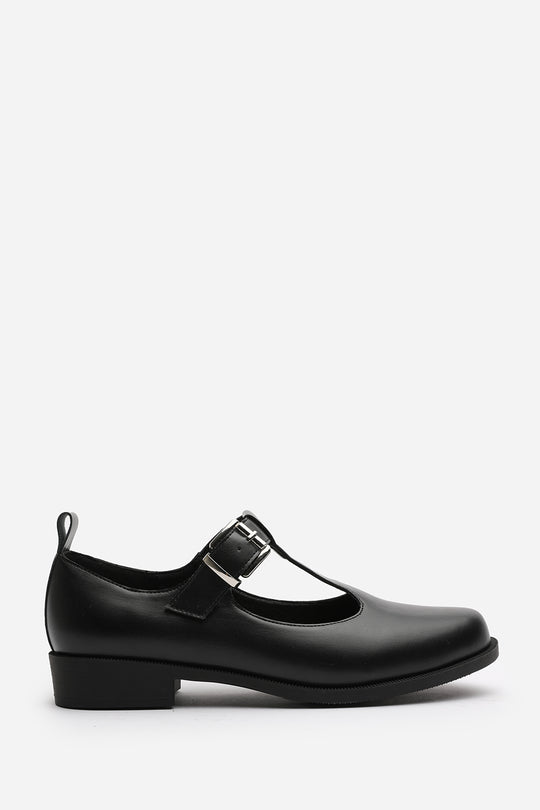 Natalie Mary Jane Loafers With Buckle Strap In Black Faux Leather
