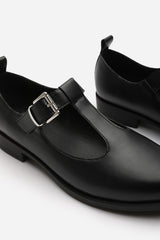 Natalie Wide Fit Mary Jane Loafers With Buckle Strap In Black Faux Leather