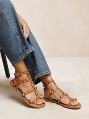 Lissy Studded Gladiator Flat Sandals In Tan Faux Leather