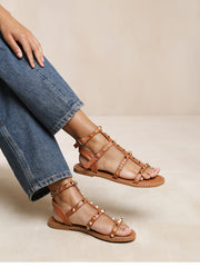 Lissy Studded Gladiator Flat Sandals In Tan Faux Leather