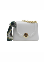 CALM BAG WITH CHAIN HANDLE AND SCARF DETAIL IN WHITE FAUX LEATHER