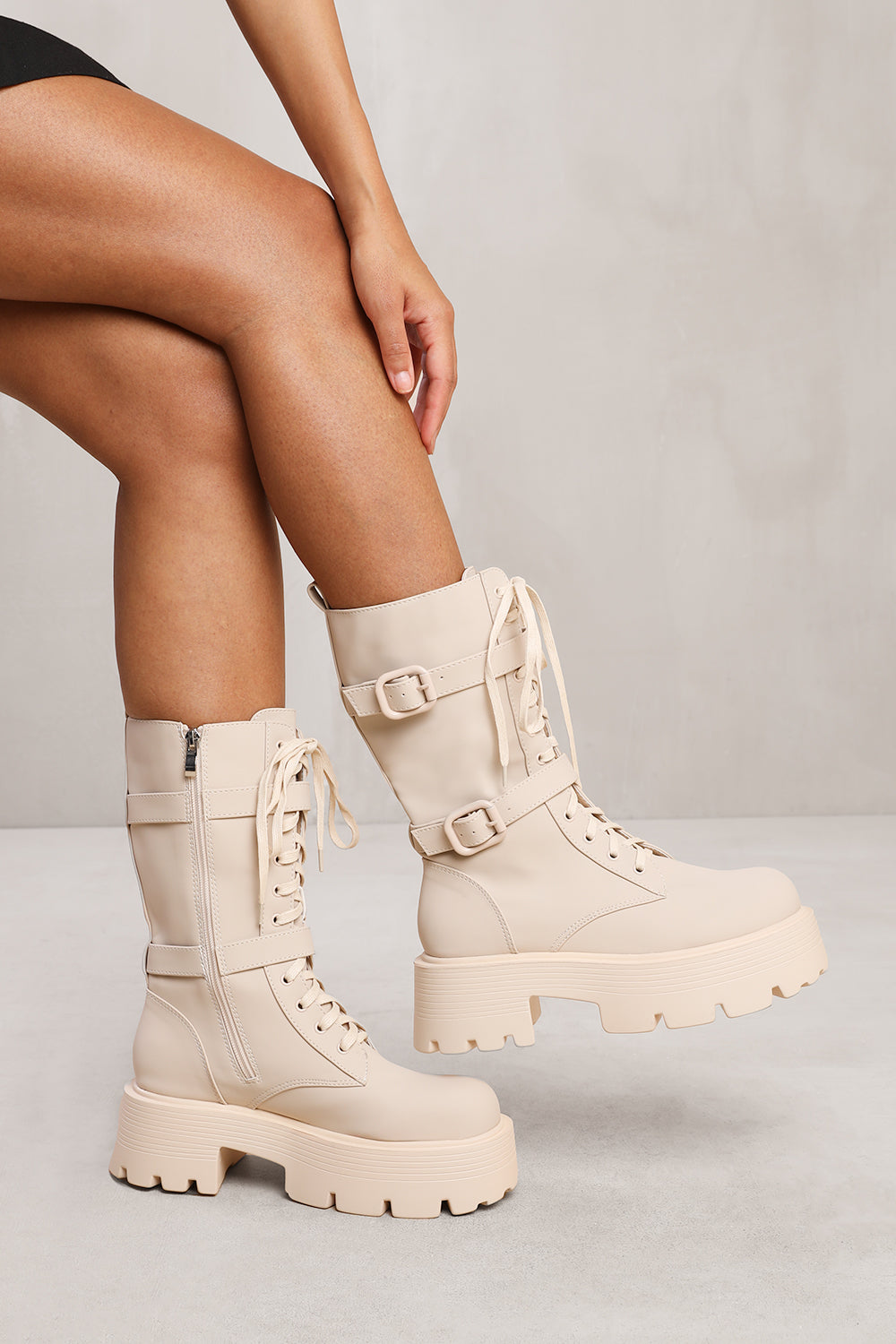 EVIE LACE UP BOOT WITH BUCKLE DETAIL AND CHUNKY SOLE IN CREAM