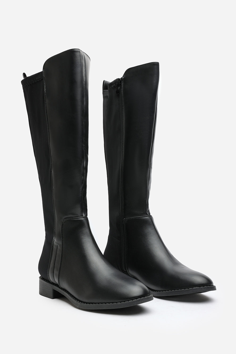 Jirelle Black Round Toe Knee High Boots with Side Zip Closure