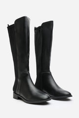 Jirelle Black Round Toe Knee High Boots with Side Zip Closure