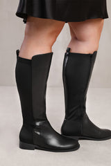 PARKER STRETCH WIDE CALF KNEE HIGH BOOTS WITH SIDE ZIP IN WIDE E FIT IN BLACK FAUX LEATHER