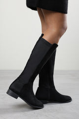 Jirelle Black Suede Round Toe Knee High Boots with Side Zip Closure
