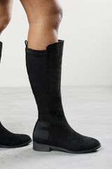Jirelle Black Suede Round Toe Knee High Boots with Side Zip Closure