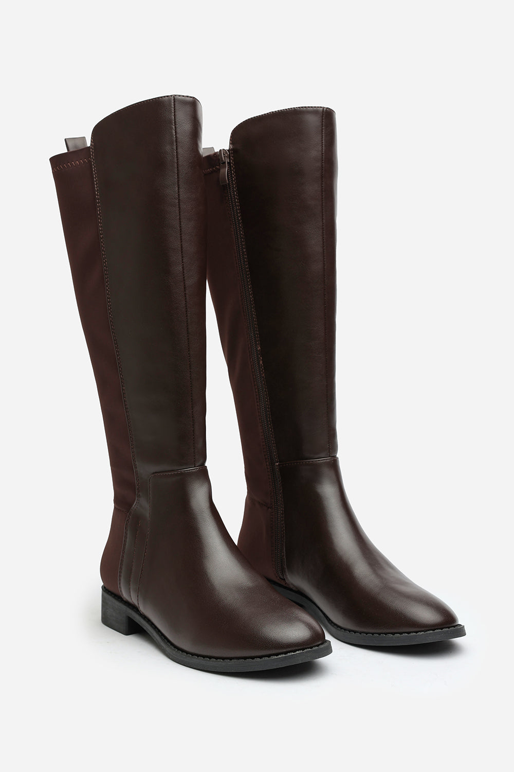 Jirelle Dark Brown Wide Calf Round Toe Knee High Boots with Side Zip Closure