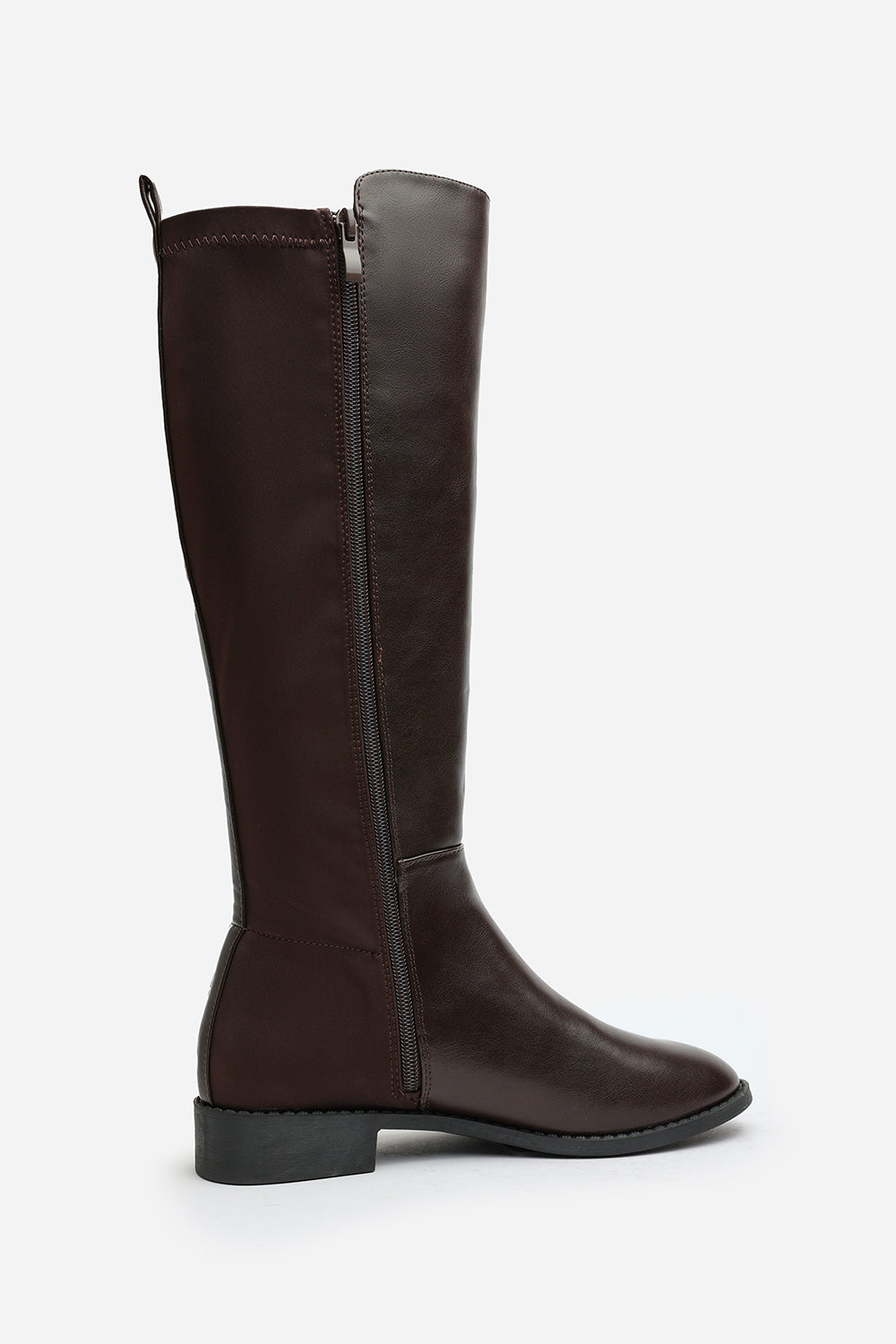 Jirelle Dark Brown Wide Calf Round Toe Knee High Boots with Side Zip Closure