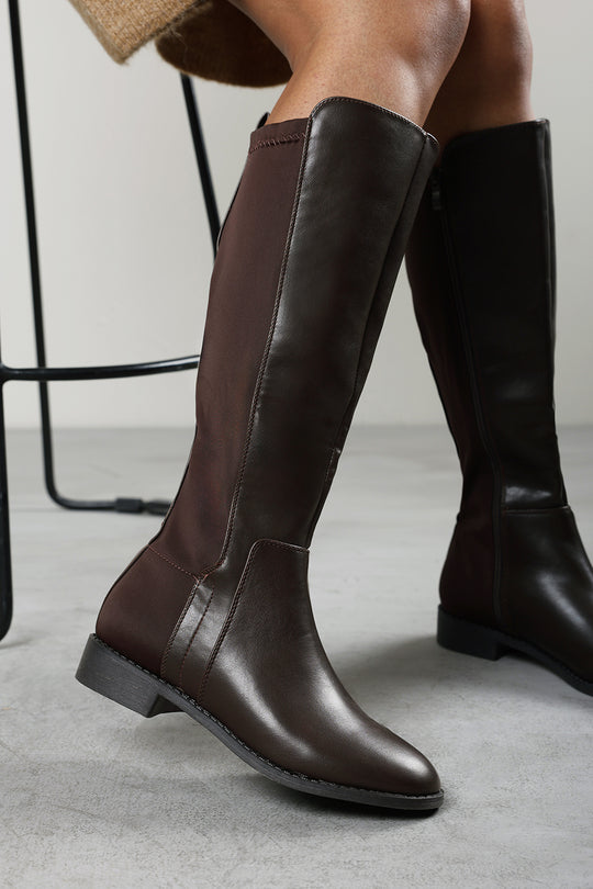 Jirelle Dark Brown Wide Calf Round Toe Knee High Boots with Side Zip Closure