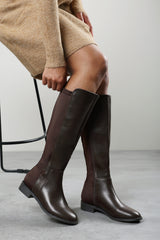 Jirelle Dark Brown Wide Calf Round Toe Knee High Boots with Side Zip Closure