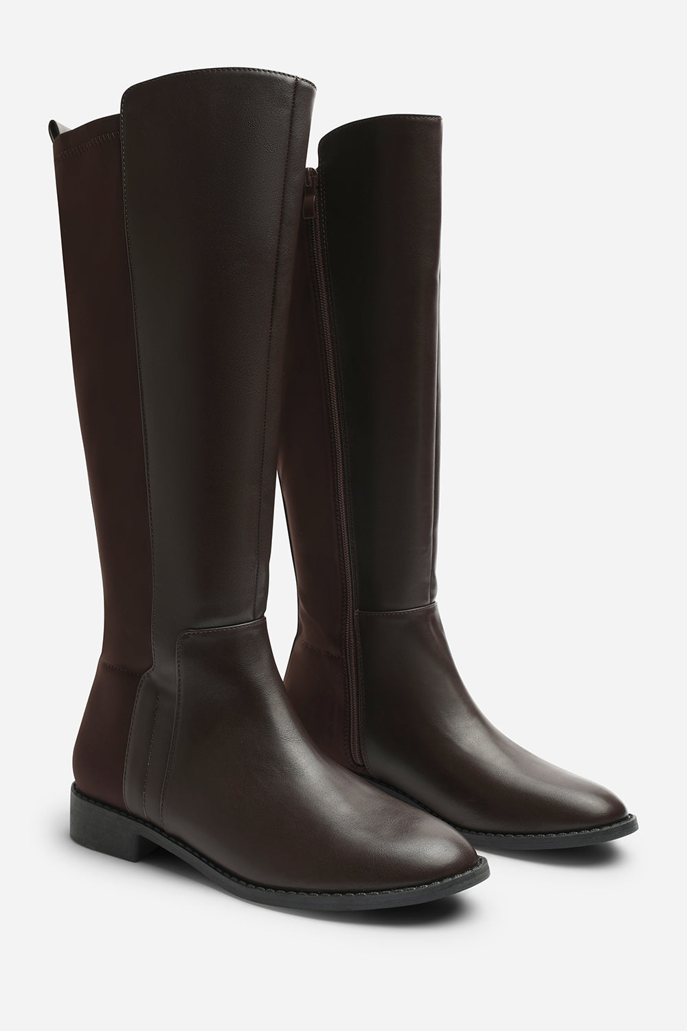 Jirelle Dark Brown Round Toe Knee High Boots with Side Zip Closure