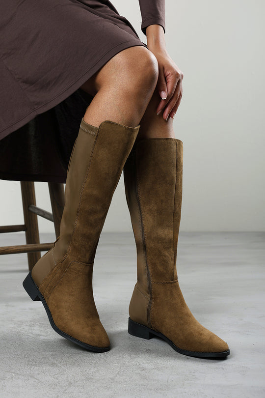 Jirelle Khaki Round Toe Knee High Boots with Side Zip Closure