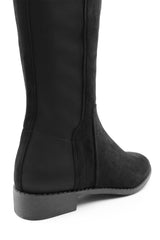 Jirelle Black Suede Round Toe Knee High Boots with Side Zip Closure
