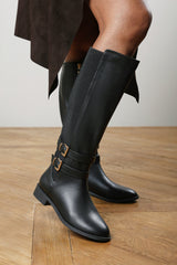 Elaris Double Buckle Detail Stretch Elastic Knee High Riding Boots