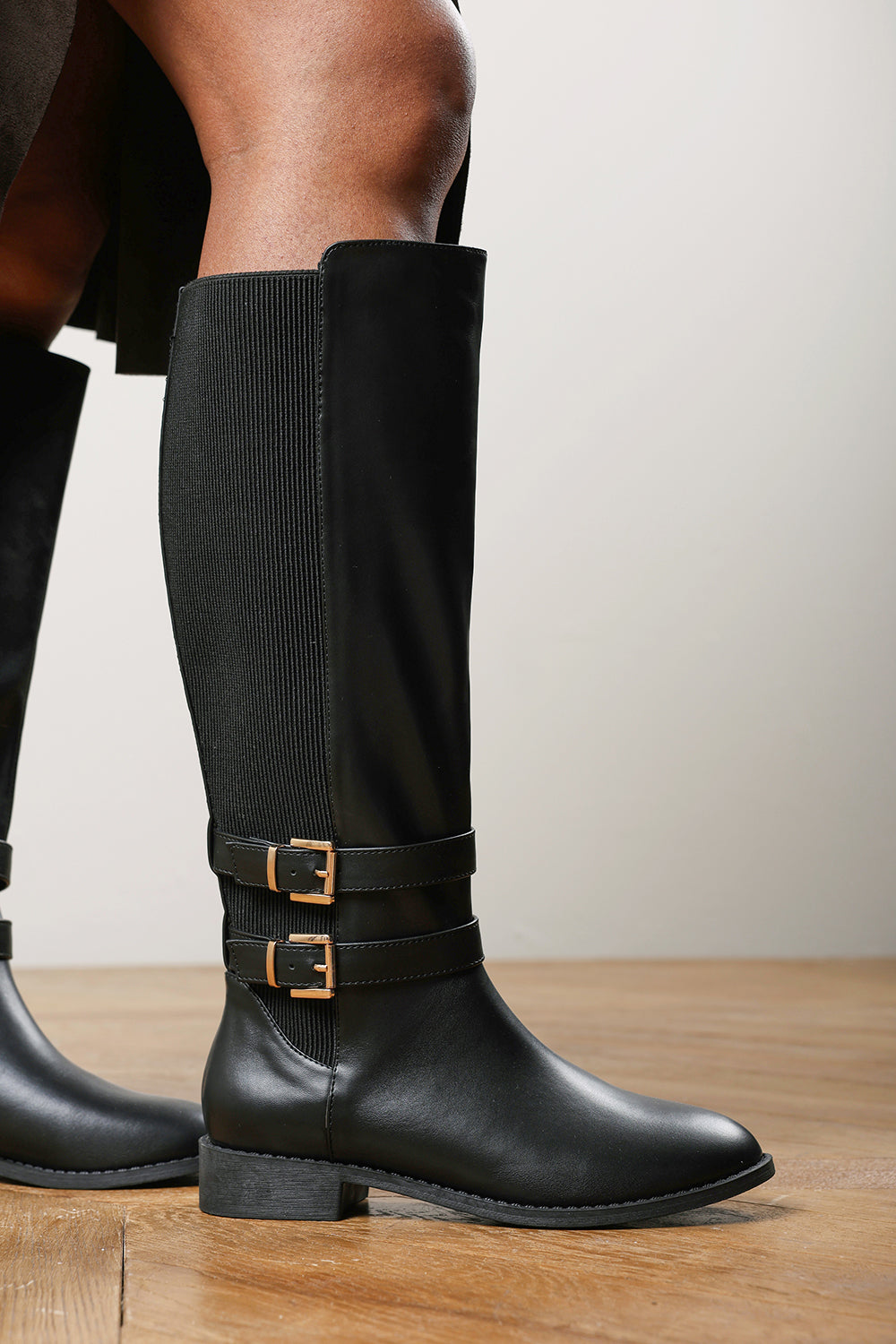 Elaris Double Buckle Detail Stretch Elastic Knee High Riding Boots